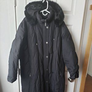 Down filled, long, black, winter coat with button off hood